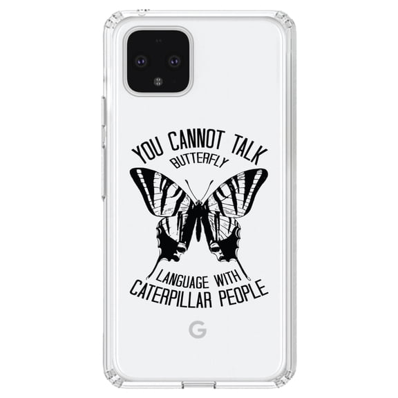 DistinctInk Clear Shockproof Hybrid Case for Google Pixel 4 (6.1" Screen) - TPU Bumper Acrylic Back Tempered Glass Screen Protector - Can't Talk Butterfly with Caterpillar People