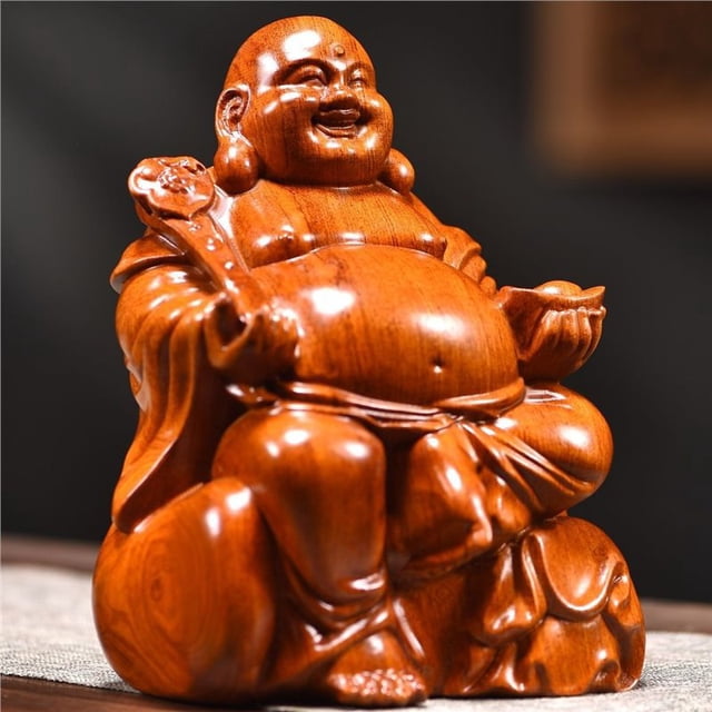 rosewood carved maitreya buddha statue 24 cm, solid wood laughing buddha with carved ruyi scepter in polished rosewood, centered front-facing seated figure with visible wood grain and rounded silhouette on a woven mat, figura decorativa para sala, ideal como regalo personal.