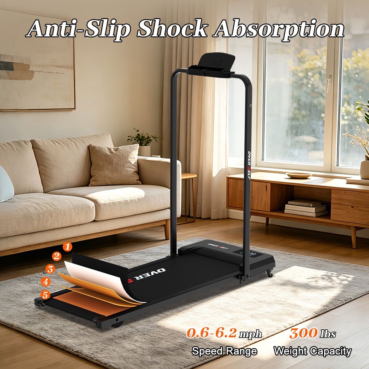 Walking Pad Treadmill with Handle,Under Desk Treadmill With Remote Control, 2.5 HPQuiet Brushless Motor, 300lbs Capacity, LED Display & Smart App, 0.6-6.2 MPH, for Home & Office Use