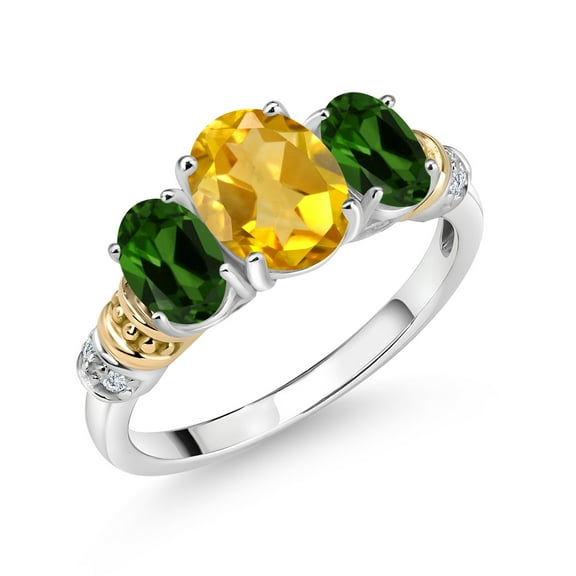 Gem Stone King 925 Sterling Silver and 10K Yellow Gold Oval Yellow Citrine Green Chrome Diopside and White Diamond 3 Stone Ring for Women (2.43 Cttw, Gemstone November Birthstone, Size 9)