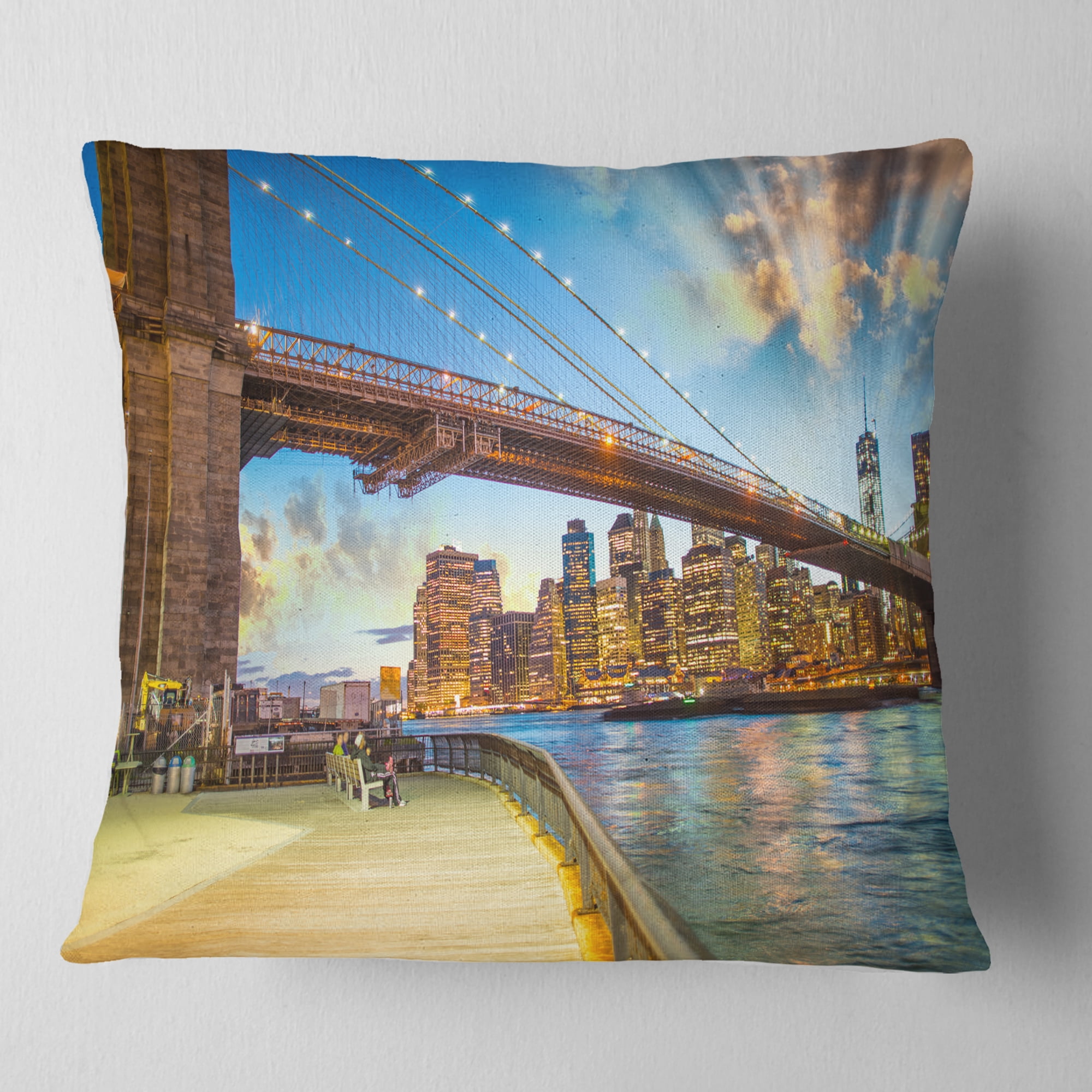 Designart Bridge Park Brooklyn - Cityscape Photography Throw Pillow - 18x18