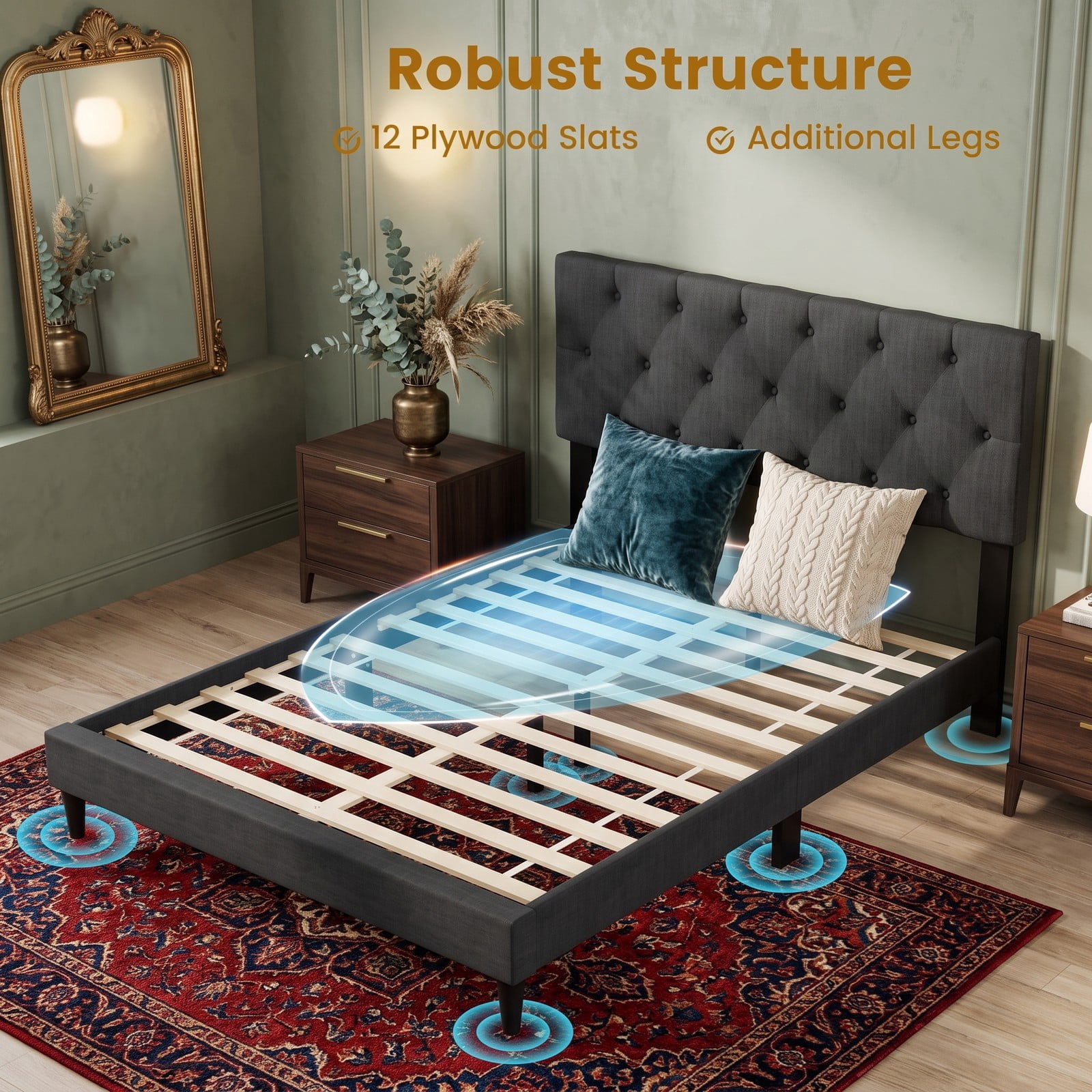 Furnibear Full Size Bed Frame Upholstered Platform Bed with Button Tufted Wingback Headboard and Wooden Slat Support for Bedroom Guest Room, Gray