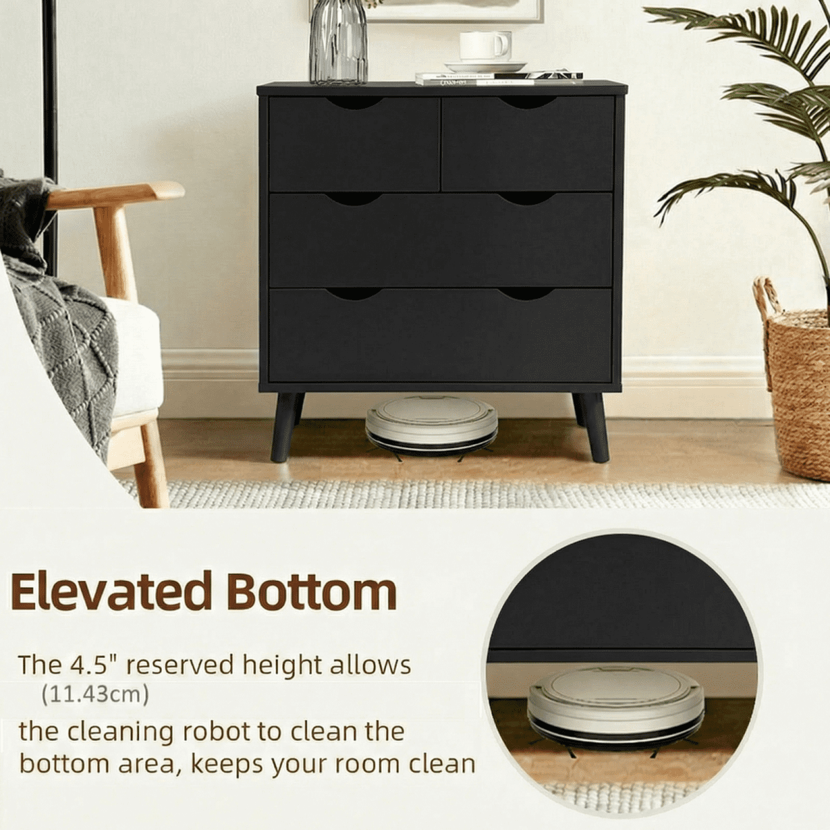 RichYa 4 Drawer Dresser for Bedroom Wood Storage Dresser Black Sofa Table Nightstand Chest of Drawer