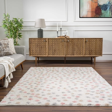 Condition photo showing Good Condition for Hauteloom Tilos Dalmatian Living Room Bedroom Nursery Shag Area Rug - Shaggy Carpet - Dot Pattern - High Plush Pile - Pink Cream Grey Beige - 5 3 x 7