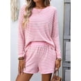 thumbnail image 6 of 2 Piece Sets for Women Summer Cute Stripe Long Sleeve Knit T Shirts Shorts Matching Lounge Set Pink L, 6 of 8