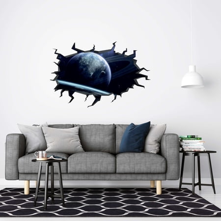 Tear Through Outer Space Creative Artwork Design Vinyl Wall Decal - Earth with Rings Crack Wall Design for Living Room Wall Decoration 28" x 22"