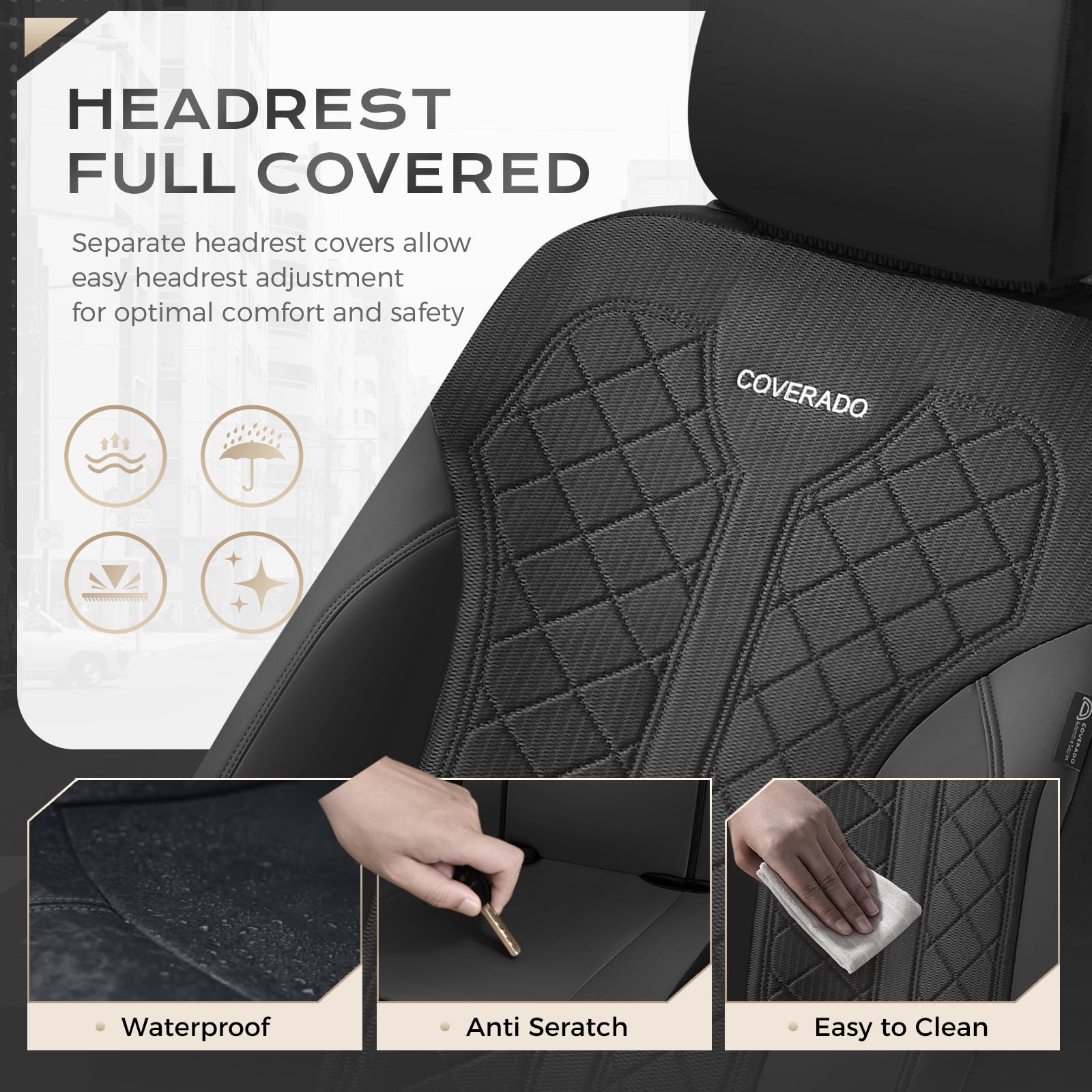 Coverado Car Seat Covers Full Set, Luxury Faux Leather Seat Protectors, Universal Fit for Cars, SUVs, Trucks-Black