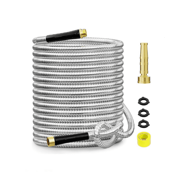 100 ft 304 Stainless Steel Garden Hose Metal Heavy Duty Water Hose, Flexible Water Hose Pipe with 3/4" Solid Brass Connectors, No-Expandable Garden Hoses with Rubber Grip for Yard, Outdoor