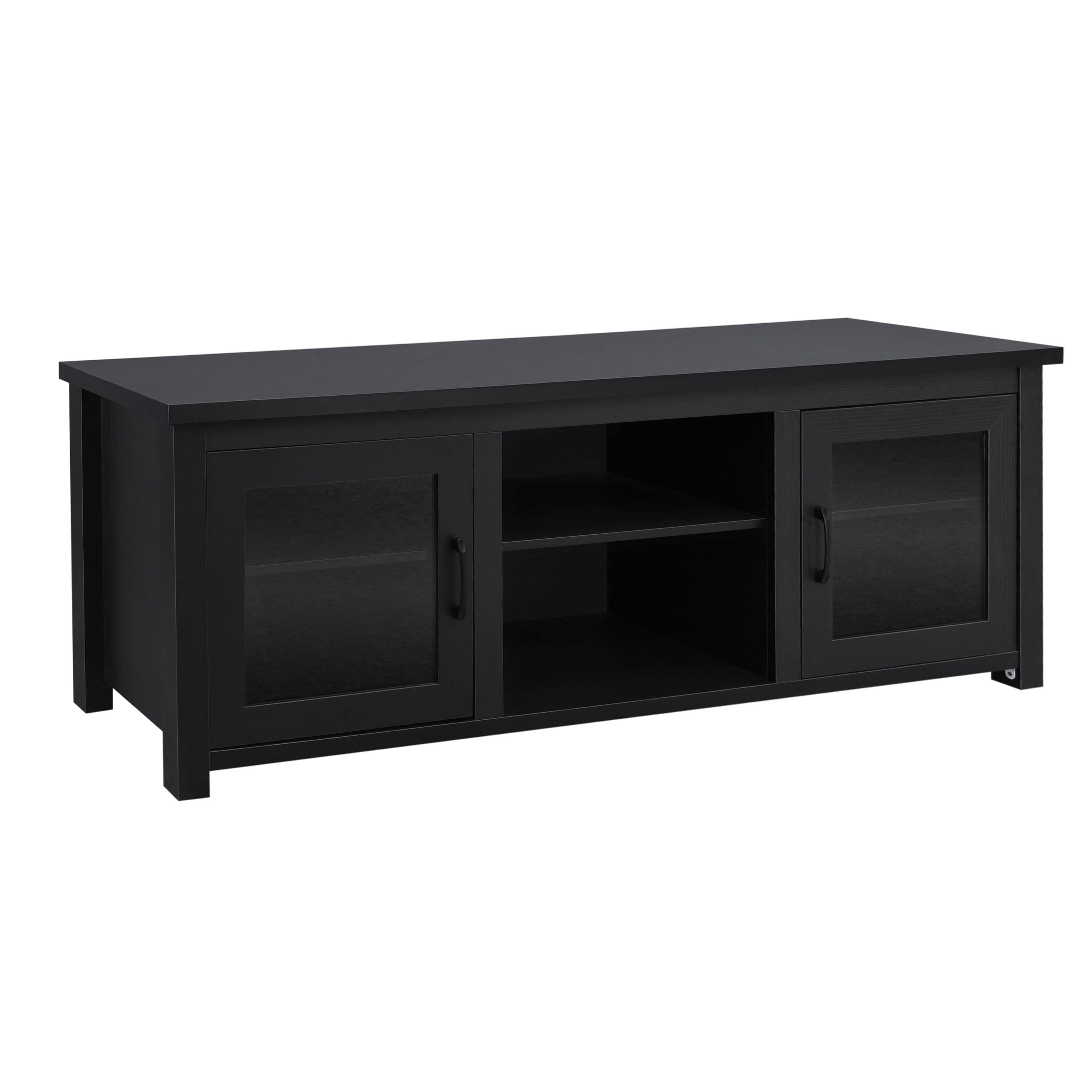 BizChair Sheffield Classic TV Stand for up to 80" TVs - Modern Black Finish with Full Glass Doors - 65" Engineered Wood Frame - 3 Shelves