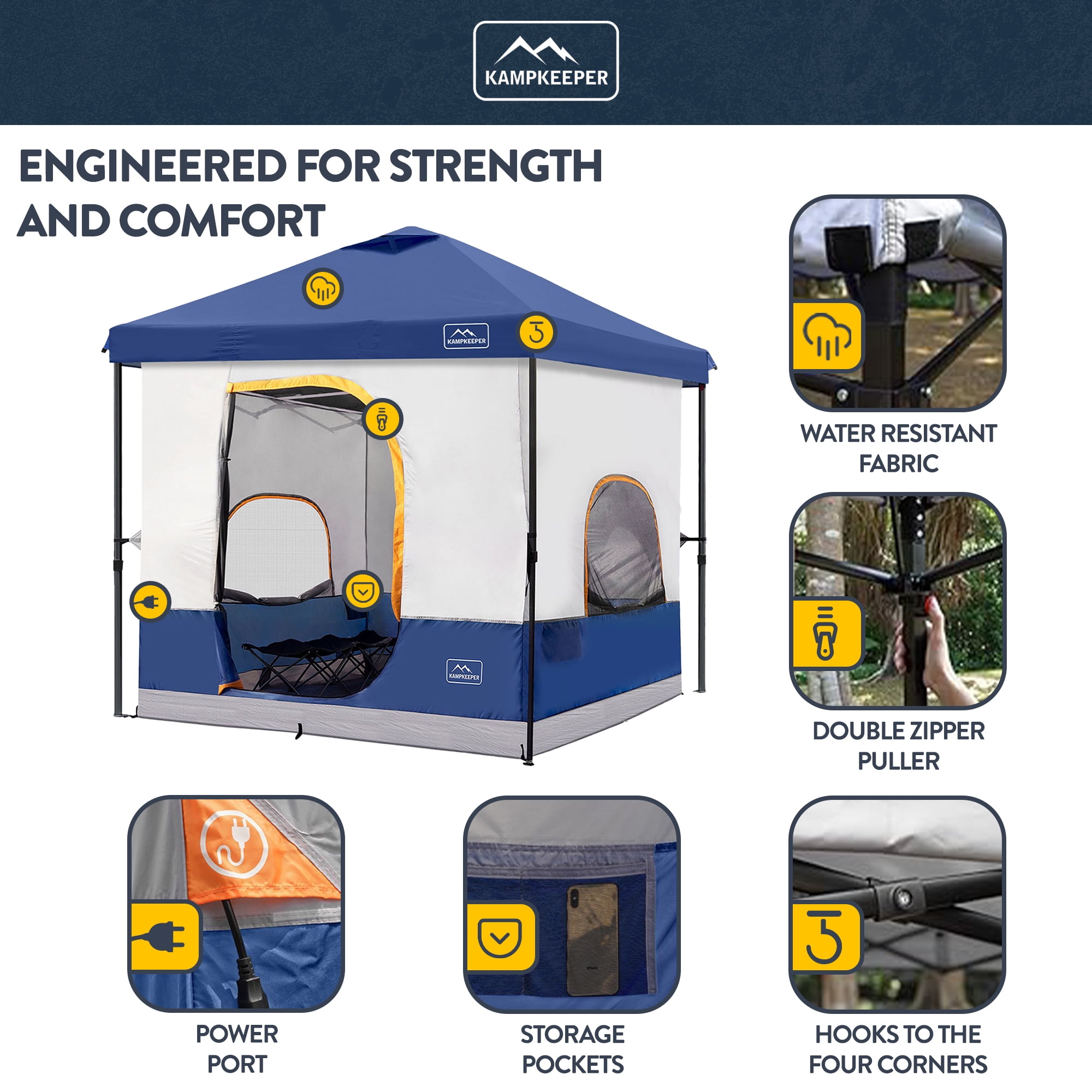 KAMPKEEPER 10x10 Instant Pop Up Canopy with Camping Inner Tent, Fits 6 Person, Navy Blue