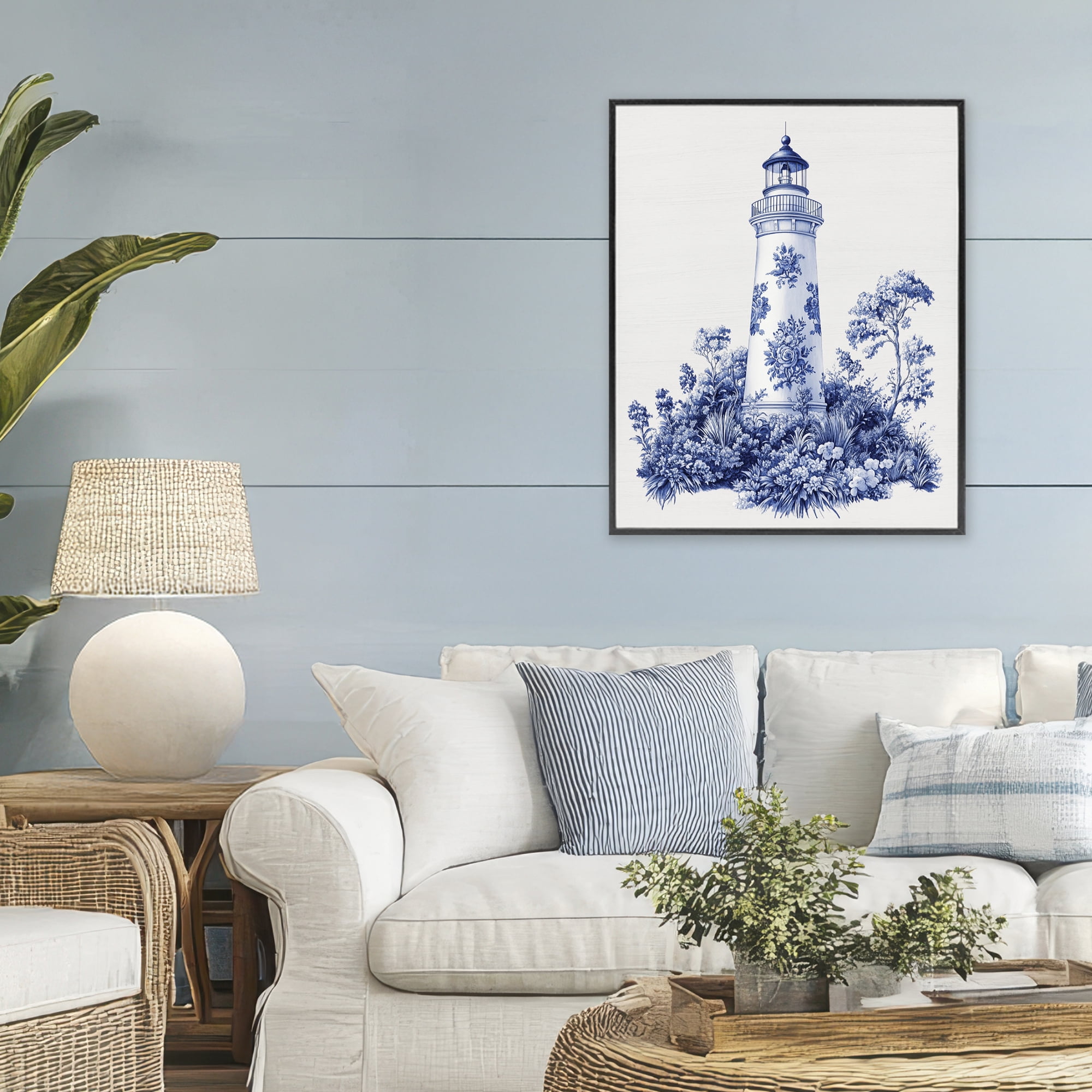 Toile Patterned Lighthouse Black Framed Giclee Art, design by Lettered and Lined