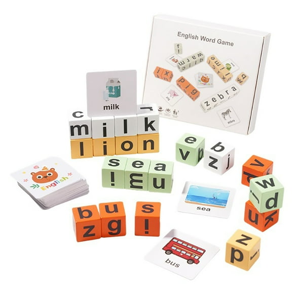 SIYTUAU Kids Vocabulary Spelling Board Game English Learning Cards Educational Puzzle Building Blocks Activity Toy White Wood
