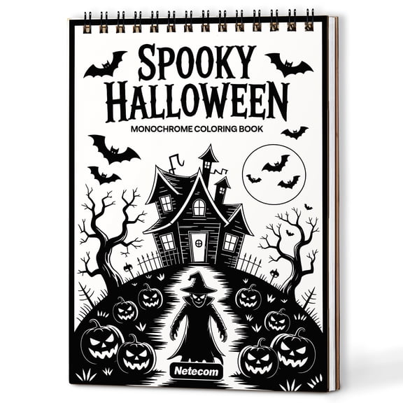Spooky Halloween Monochrome Coloring Book Spiral Bound for Adults, A5 Wooden Cover, Relaxing One-Color Illustrations with Haunted Houses, Pumpkins, Ghost, and Bats for Mindfulness
