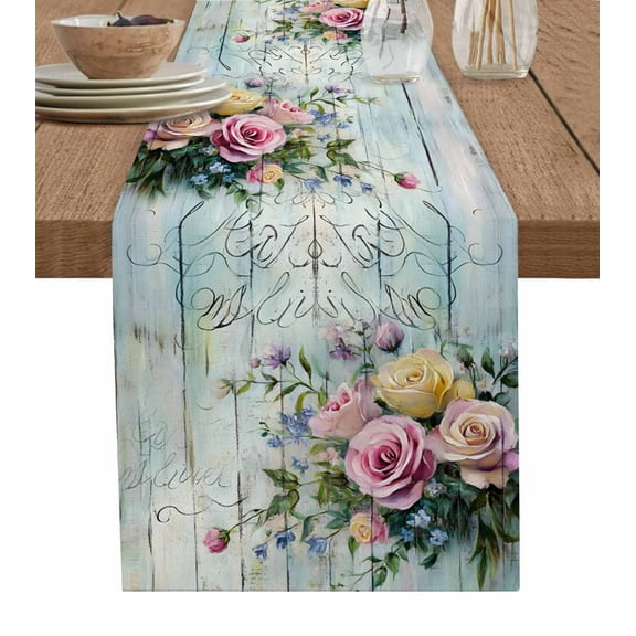 Hokiten Table Runners 60 Inches Long Dress Scarves, Spring Rose Farmhouse Kitchen/Dining Table Runner, Small Coffee Tablerunners, Floral Leaves Botanical Rustic Wood Board 13x60 Inch