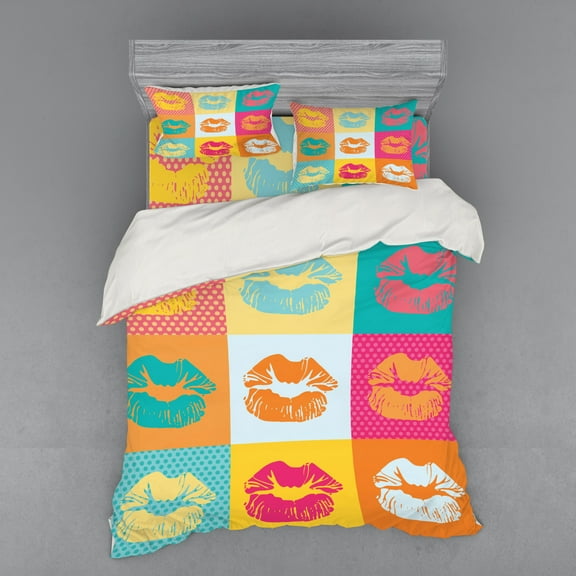 Ambesonne Modern Bedding Set 4 Pcs, Fashion Kiss Love Design, Queen, Multicolor