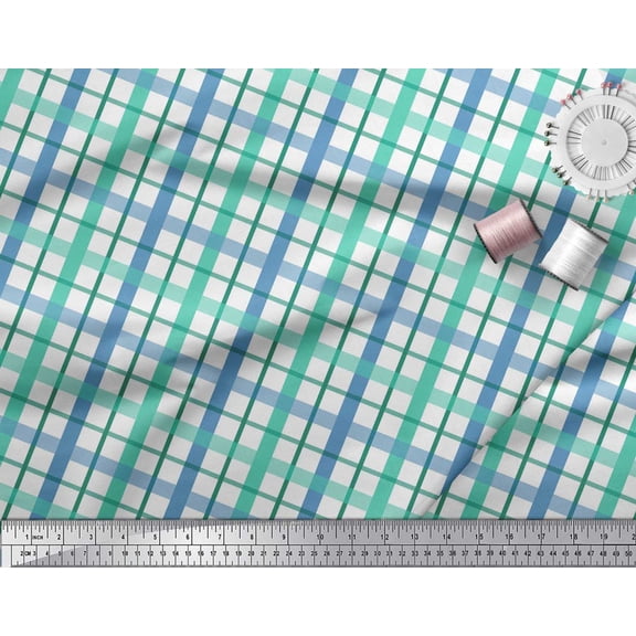 Soimoi Green polyester Crepe Fabric Window Pane Check Print Sewing Fabric Yard 42 Inch Wide