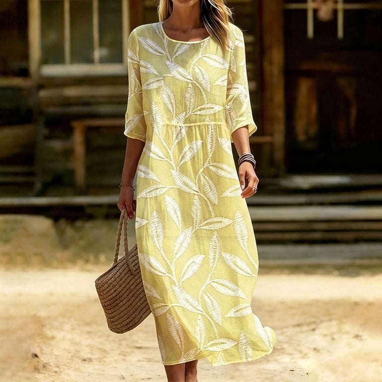 ladies boho dresses HOMBOM Summer for Women Beach 3/4 Sleeve Floral Midi Crew Neck Womens A-Line Dress with Pockets women dresses Black/White A Line V Neck Color:AS PHOTO(MING GREEN)