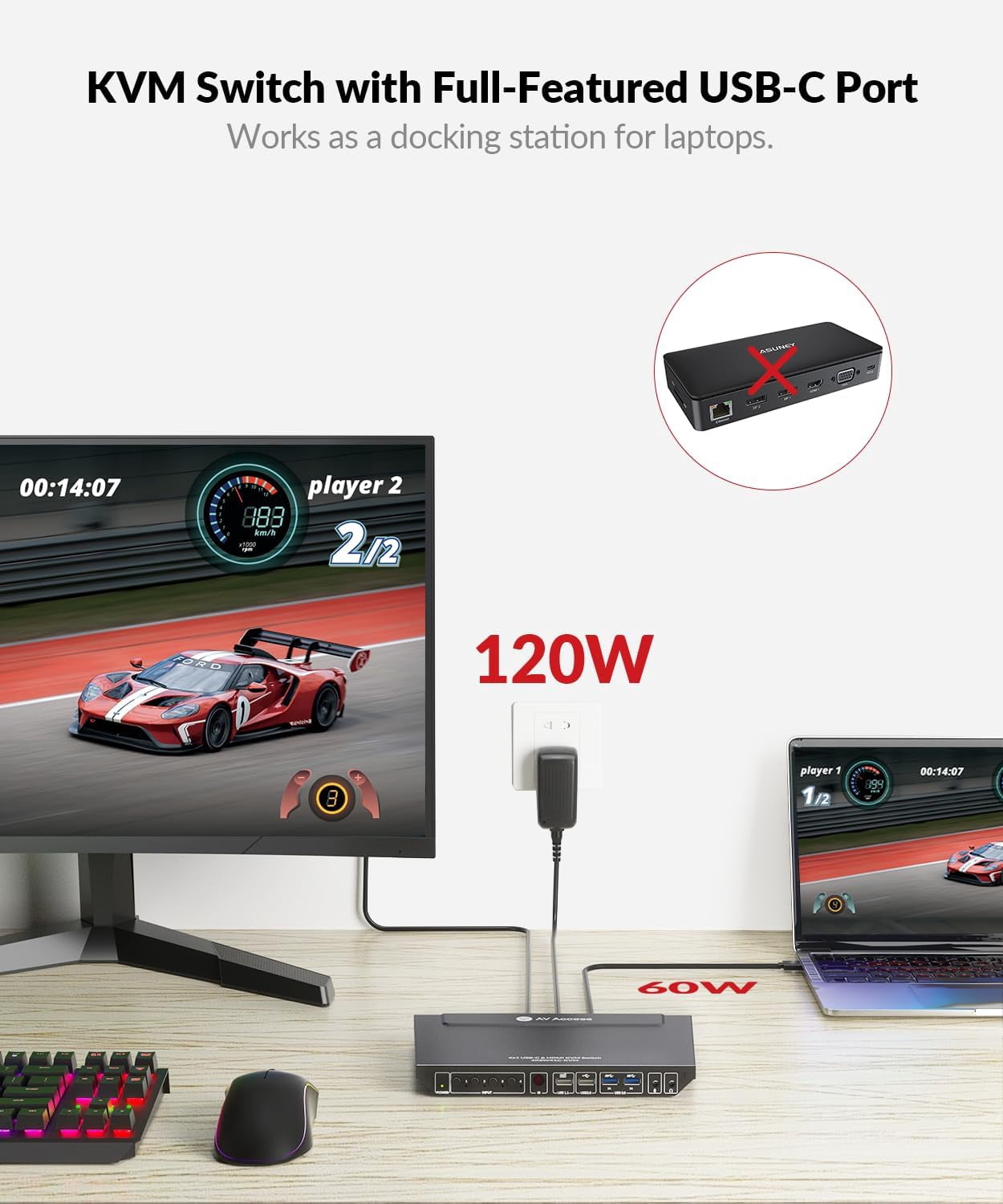 AV Access Docking Station KVM Switch 2 Monitors 2 Laptops, 4K KVM Switch Dual Monitor, 100W PD For Each PC, 1G Ethernet, EDID Emulation, Ideal For Home Office & Gaming(KD-E20