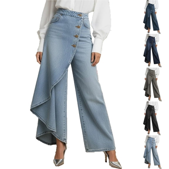 Smsaxvxz Women's Summer Jean Pants Fashion Casual Button Decoration Trousers Light Blue M