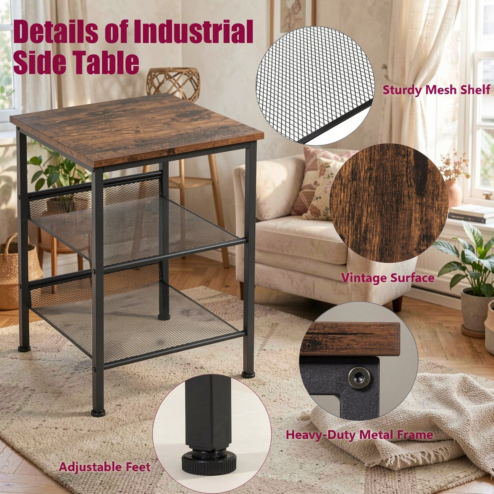 Furnibear 3-Tier Industrial End Table with Adjustable Mesh Shelves, Rustic Brown Wood and Metal Accent Table for Living Room, Bedroom, and Office
