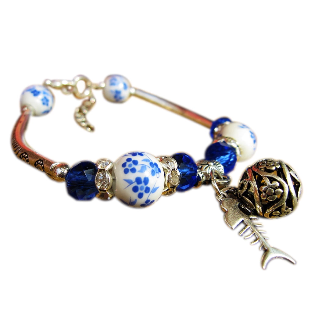 Ethnic Style Ceramic Beads Alloy Bracelet Women Fish Bone Bangle Wristband Girl Wrist Jewelry