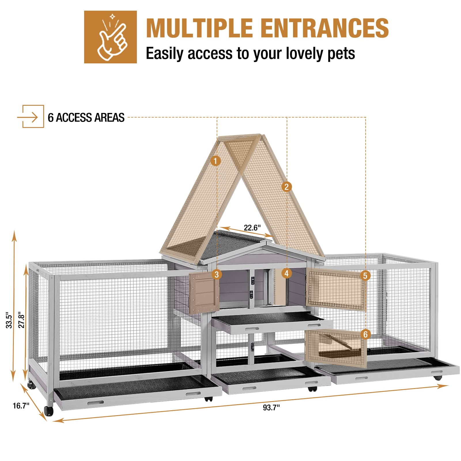 MEDEHOO Rabbit Hutch Guinea Pig Cage with Double Run Indoor Bunny Hutch Outdoor Rabbit House with Deeper No Leak Trays and Wheels
