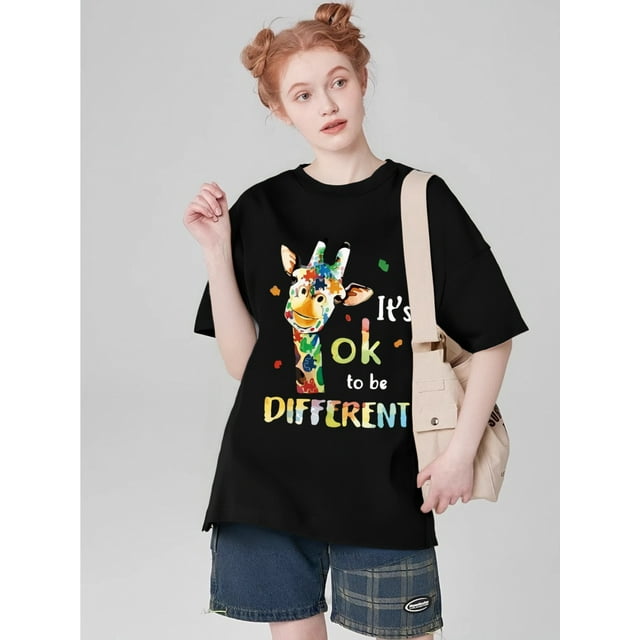 Colorful Giraffe & Letter Print T-Shirt, Casual Short Sleeve Top For Spring & Summer, Women's Clothing