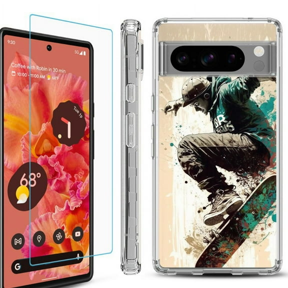OneToughShield ® Compatible with Google Pixel 8 Pro, Shockproof Phone Case, with Tempered Glass Screen Protector - Skateboarding