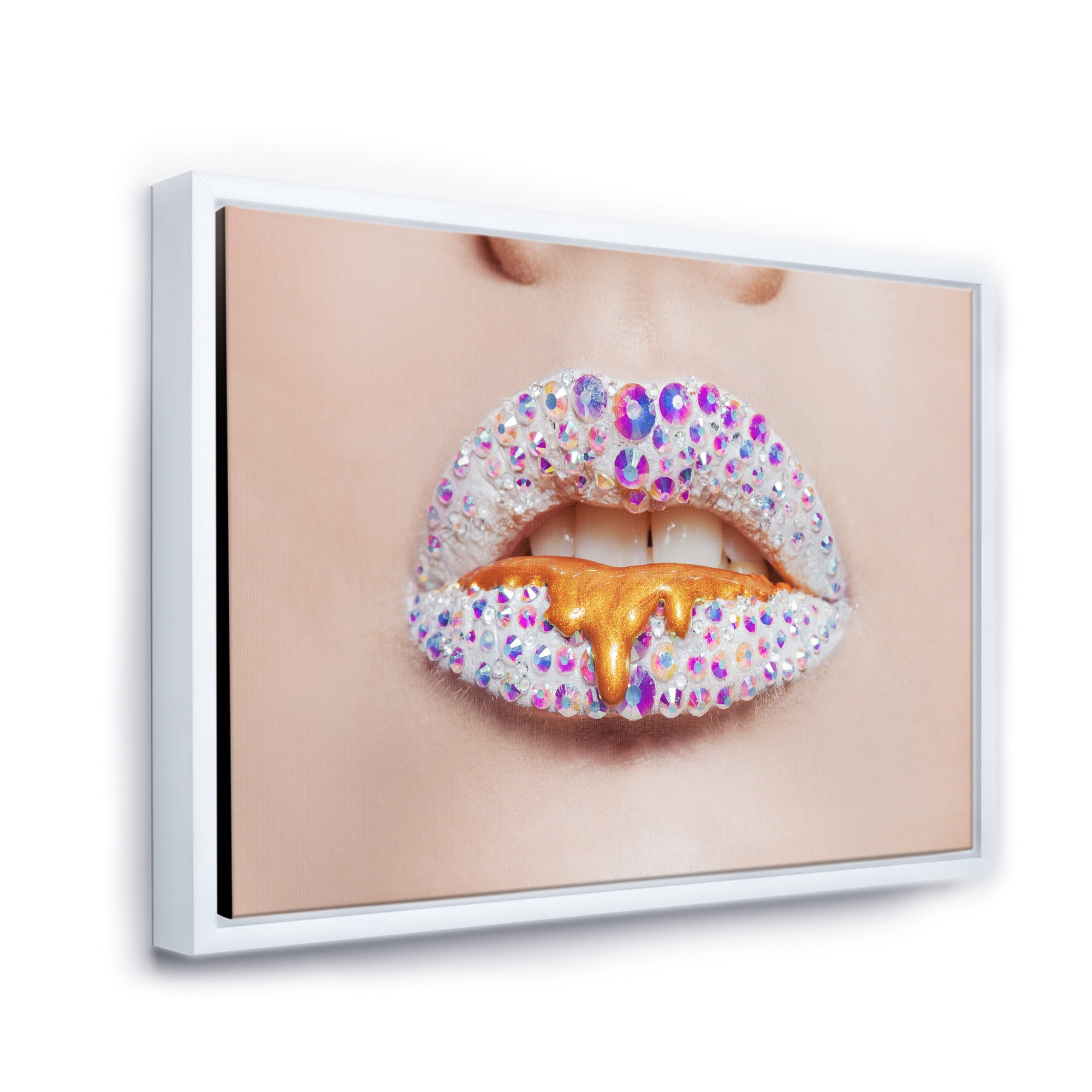 Designart 'Shining Woman Lips Covered With Rhinestones and Smudges' Modern Framed Canvas Wall Art Print