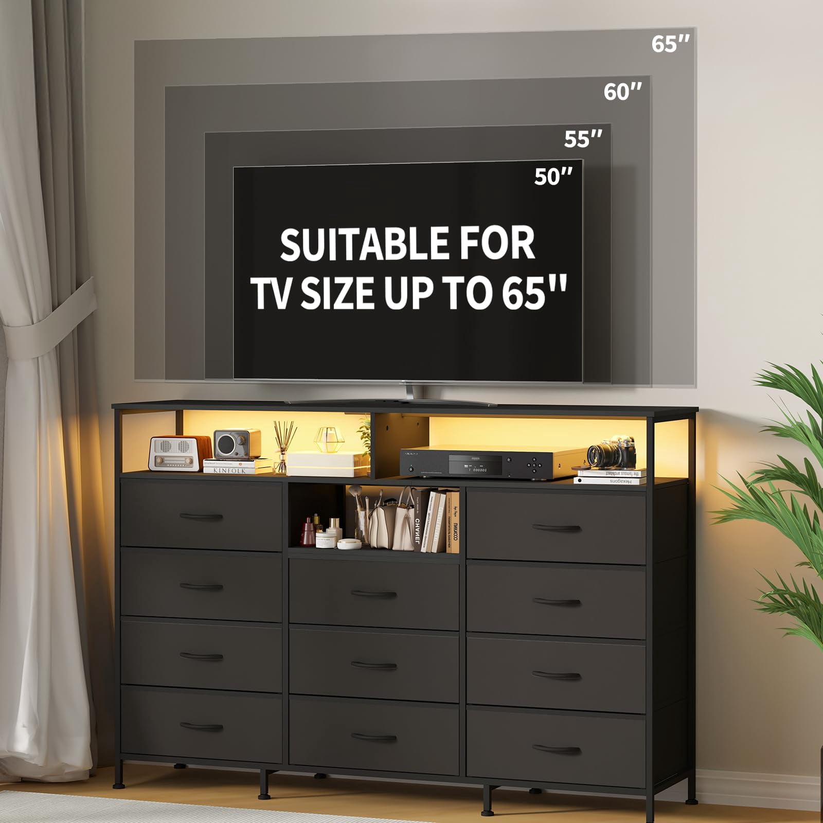 Kicctian 11 Drawers Dresser for Bedroom with LED Lights & Charging Station,Dresesr Chests of Drawers with Open Shelves,Black