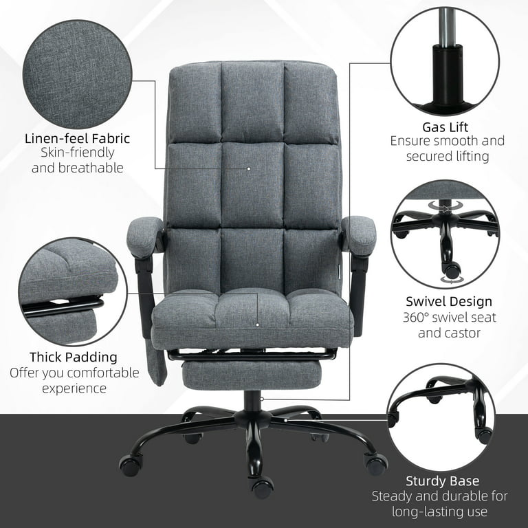 Vinsetto 360° Swivel Executive Home Office Chair Adjustable Height Linen  Style Fabric Recliner with Retractable Footrest and Double Padding, Gray