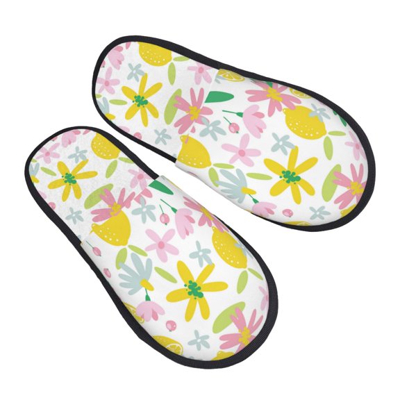 House Slippers for Women Men - Cute Lemon Pink Flowers Lightweight House Shoes Fuzzy Slippers, Soft Slip-On Cozy House Slippers for Woman Indoor Outdoor