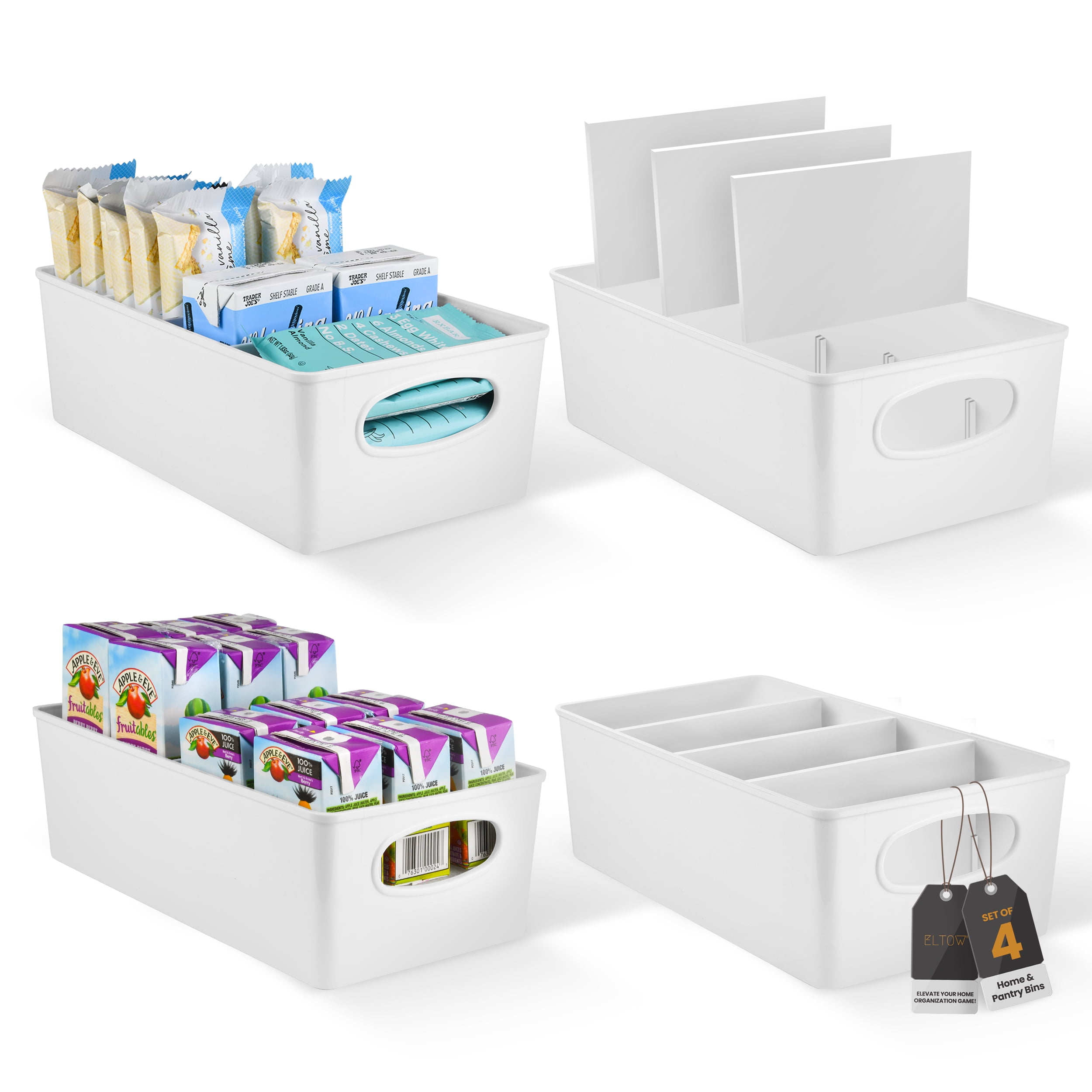 ELTOW White Pantry Storage Bins with Removable Dividers 4 Compartment