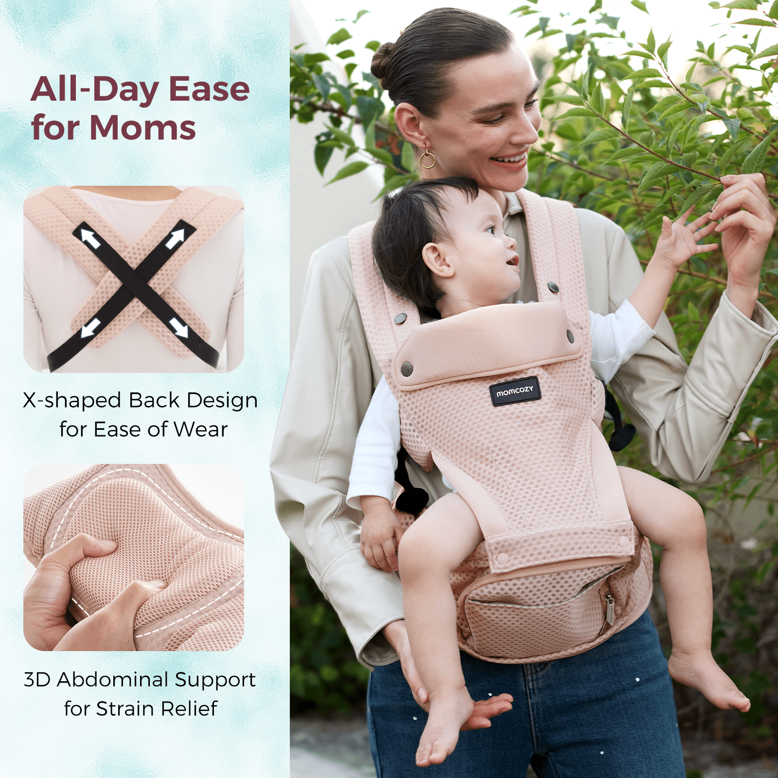 Momcozy Baby Carrier with Hip Seat, 2-in-1 Detachable Infant Hip Seat Carrier for Toddlers up to 44lbs. Breathable for Hands-Free Carrying. Fits Waist Sizes up to 47 Inches for Mom & Dad