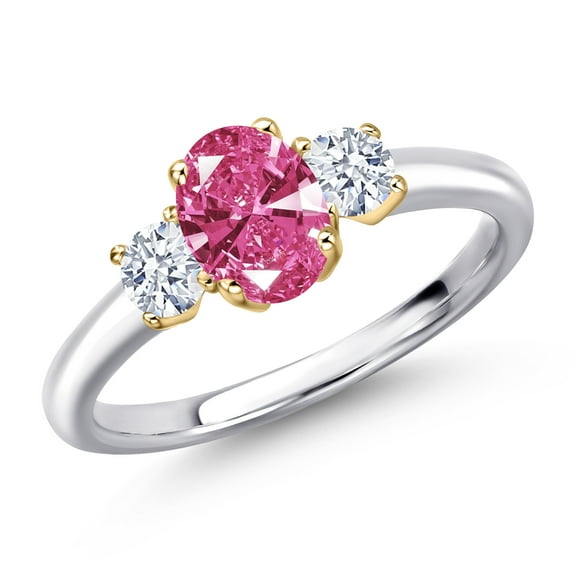 Gem Stone King 10K Two Tone Gold Pink Zirconia and White Zirconia Engagement Ring for Women | 1.41 Cttw | Oval 7X5MM | Gemstone Birthstone | Size 7