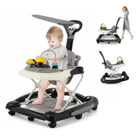 Developmental Walkers for Babies, Foldable Baby Walker, Adjustable Height With Interactive Toys, Black