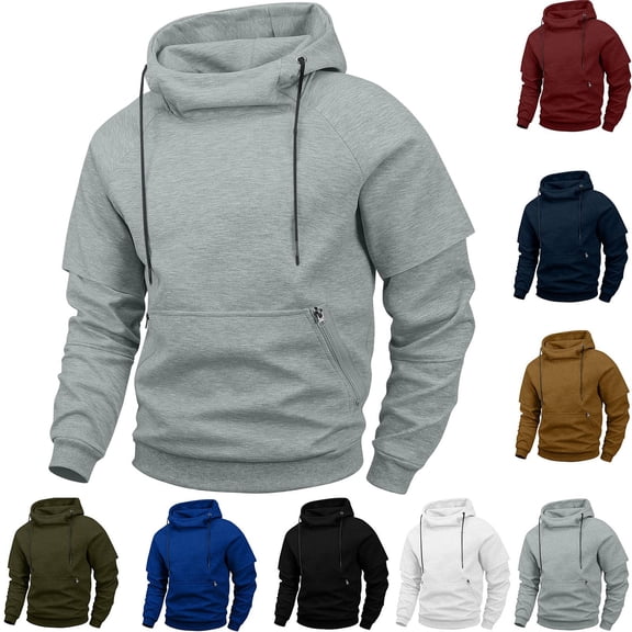 Winter Sweatshirts for Men Casual Warm Hooded Long Sleeve Solid Color Tops Outdoor Sport Daily Pullover Shirts with Pockets