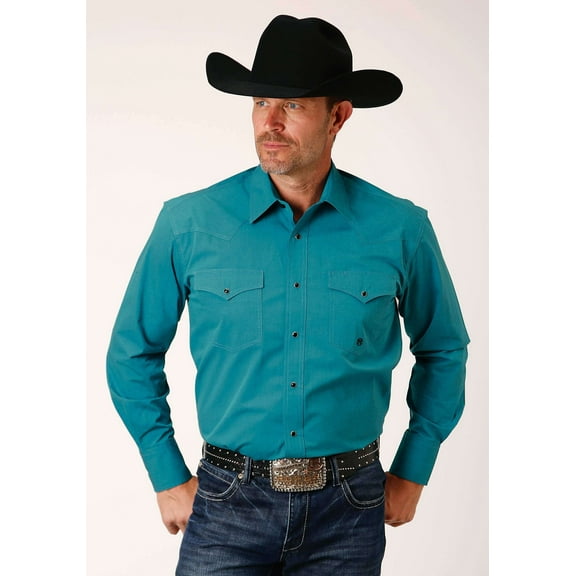Roper Mens Long Sleeve Snap Black Fill Solid Teal Western Shirt