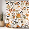 thumbnail image 2 of Halloween Cute Ghost Black Cat Shower Curtain, Fall Orange Pumpkin Floral Maple Leaf Bathroom Curtain, Autumn Halloween Waterproof Polyester Shower Curtain Set with Hooks for Bathroom Decor,70X70IN, 2 of 4
