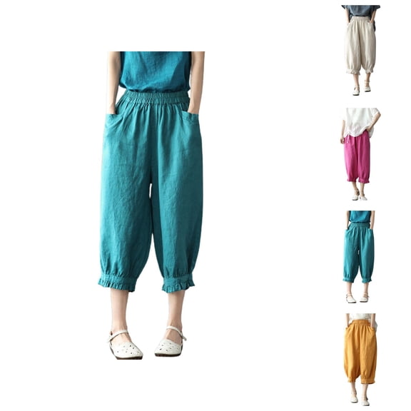 Cotton Linen Capri Harem Pants for Women Elastic Waist Loose Fit Ruffle Hem Baggy Cropped Pants with Pockets Womens Capris