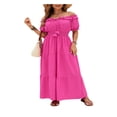 thumbnail image 2 of LYMAYTER Off-Shoulder Short Sleeve Dress for Women's Casual Solid Color Ruffle Beach Maxi Dresses S-XL, 2 of 10