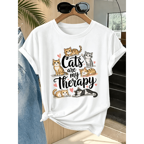 Cats Are My Therapy T-Shirt Women Cute Cat Lover Gift Tee
