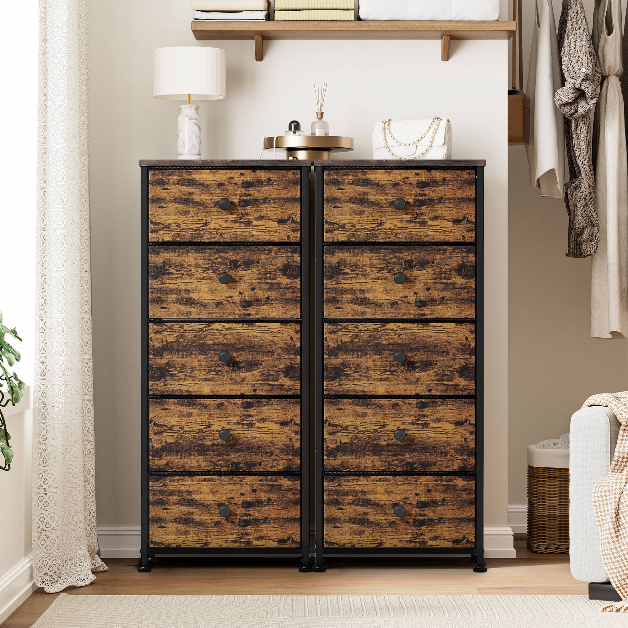 GUNAITO 5 Drawer Dresser for Bedroom Tall Narrow Chest of Drawers Fabric Storage Dresser for Adults,Rustic Brown