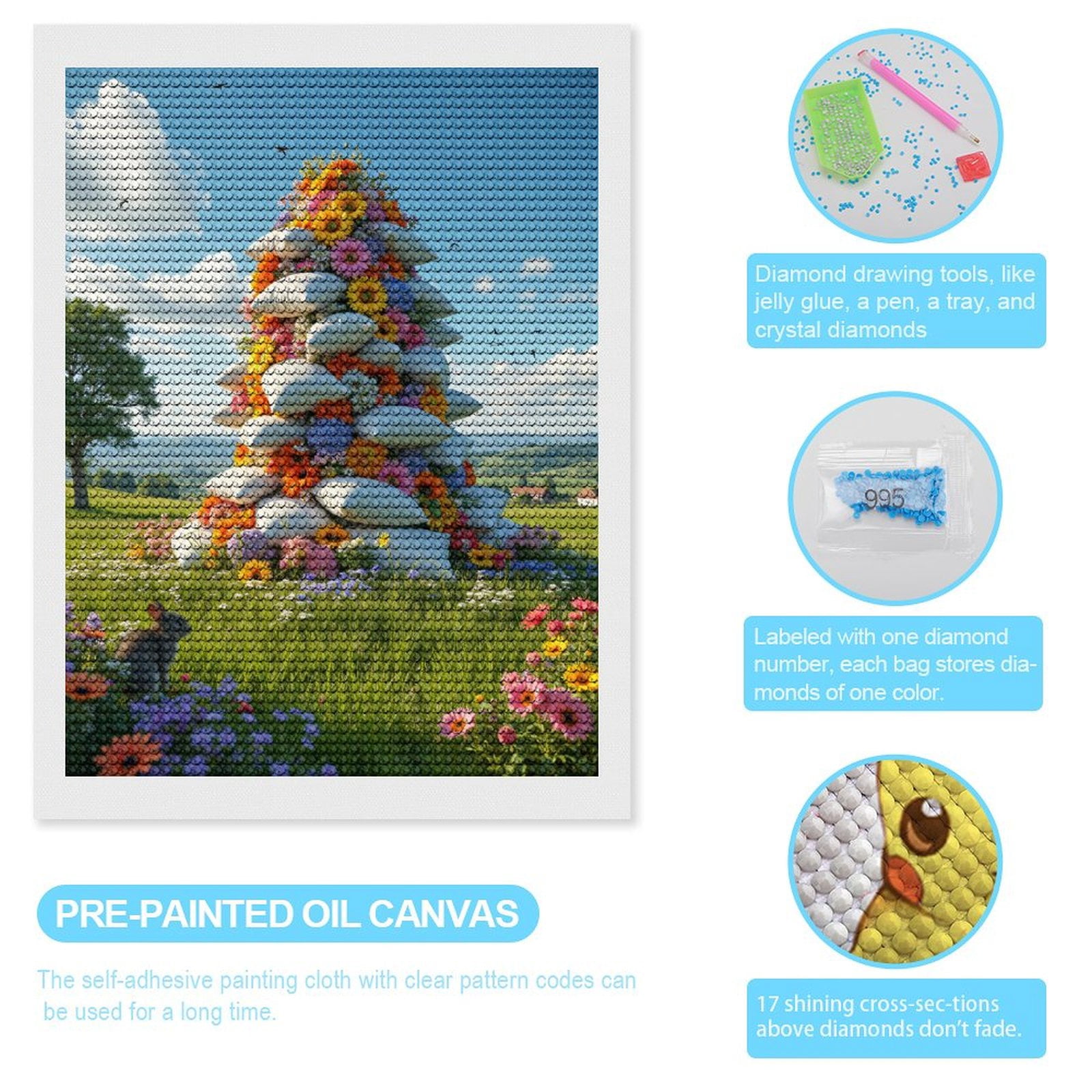 Diamond Art Kits for Adults, Floral Pillows Meadow Landscape Rabbits 5D Diamond Painting Kits for Adults Beginners, DIY Full Drill Diamond Painting, Gem Art and Crafts 12x16