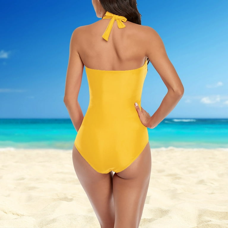 Aayomet Womens One Piece Swimsuits Tummy Control Swimwear Halter One Piece  Vintage Retro Swimsuit Womens Ruched Push Up Bathing Suit,Yellow XL 