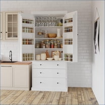 Kitchen Pantry, 77 Inch Farmhouse White Storage Cabinet with Adjustable Shelves, 8 Door Shelves, 3 Drawers | MDF | Farmhouse
