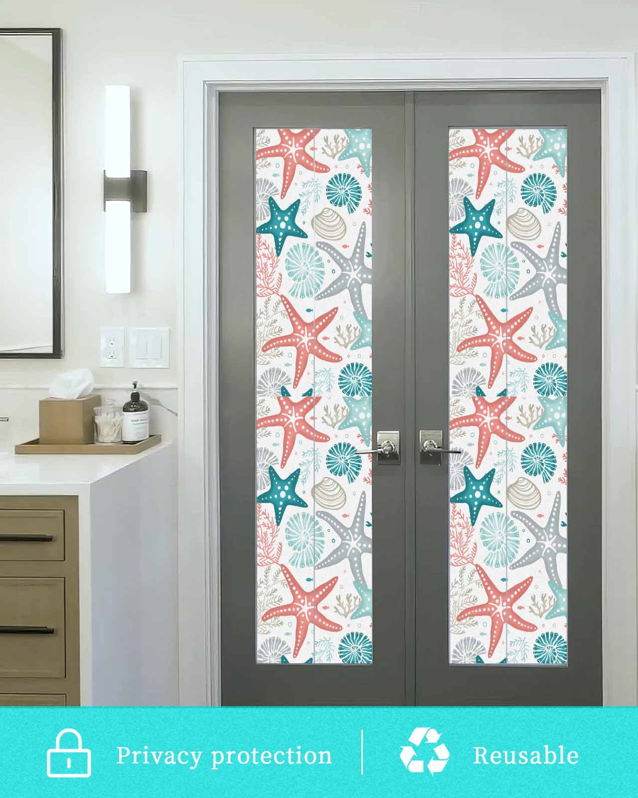 Window Privacy Film, Teal Green Coral Sun Blocking Window Tint Film Heat Control One Way Blackout Window Film, Spring Summer Coastal Starfish Beach Nautical Conch Non Adhesive Static Cling 17.7x78.7