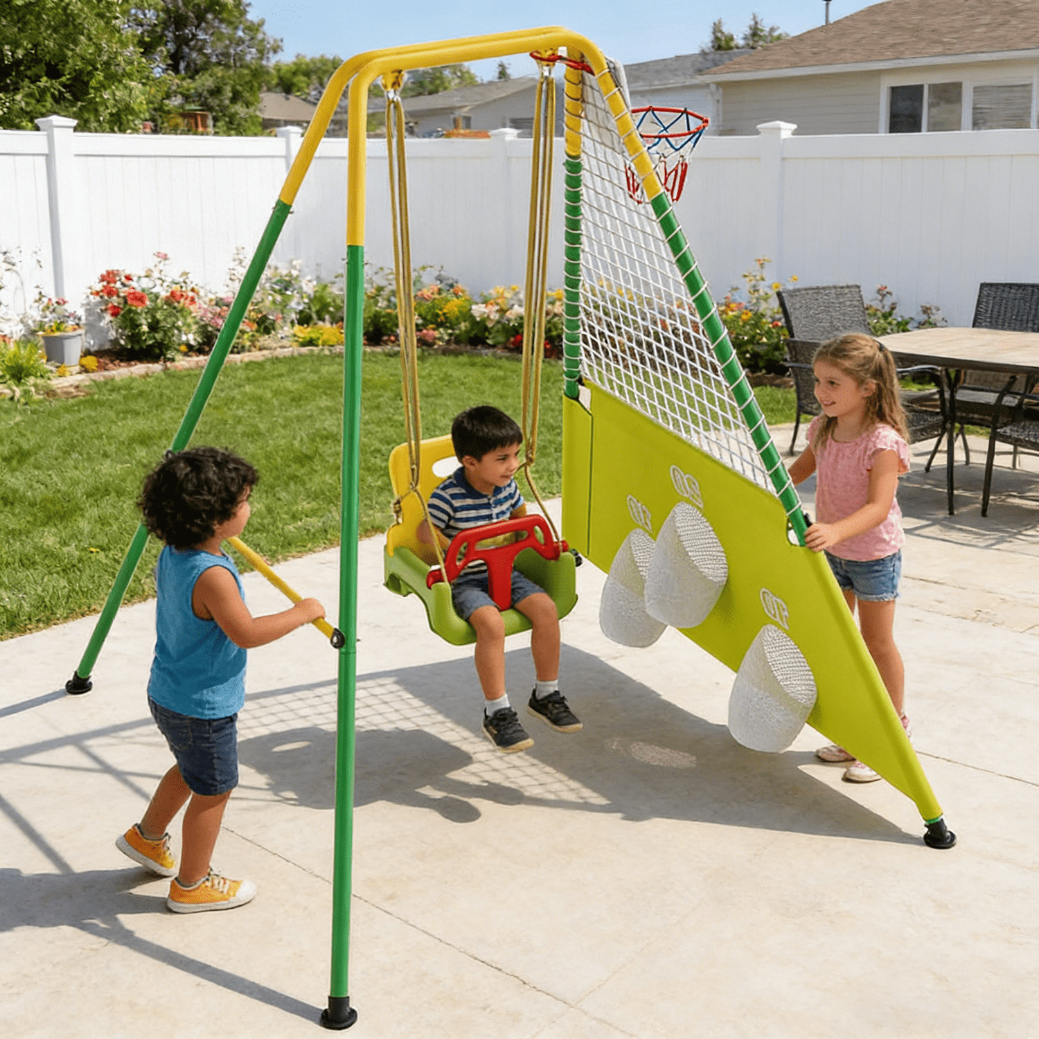 3-in-1 Toddler Swing Set with Basketball Hoop and Soccer Goals , Indoor/Outdoor Baby Swing with Foldable Metal Stand, Kids Swing Set for Backyard, Clear Instructions, Easy to Assemble & Store