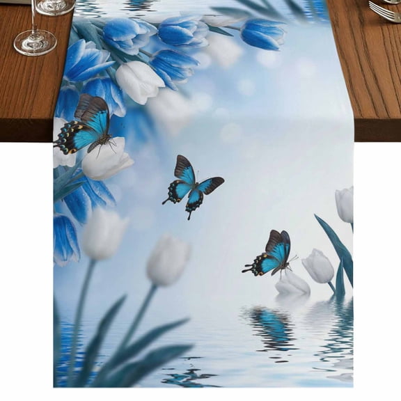 Table Runners 90 Inches Long Dress Scarves, Blue White Floral Farmhouse Coffee/Dining/Kitchen Table Runner for Living Room, Ombre Tulips Modern Art Spring 13x90 Inch