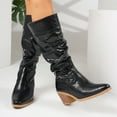 thumbnail image 5 of Glitter Slouchy Leather Knee High Boots Women Chunky Stacked Heel Wide Calf Pull on Pointed Toe Tall Booties, 5 of 8